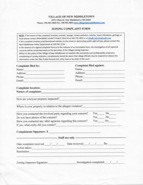 First page of the Zoning Complaint Form
