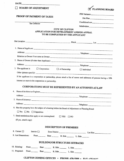 First page of the Planning Board Development Application