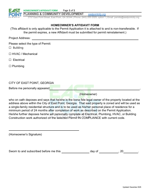 First page of the Homeowner’s Affidavit Form