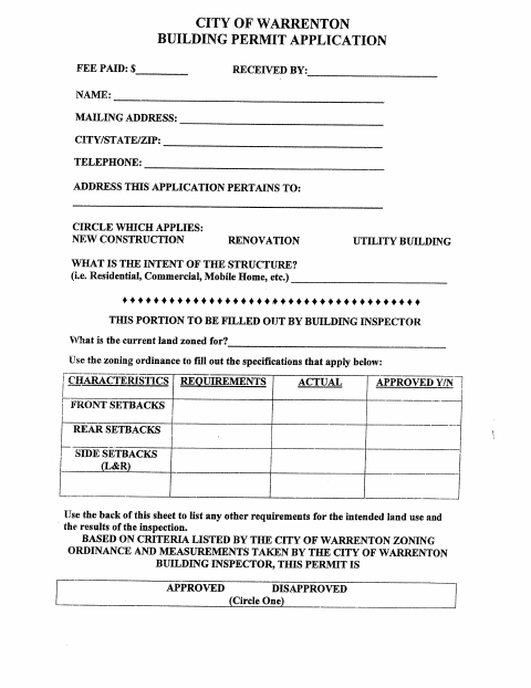 First page of the Building Permit Application