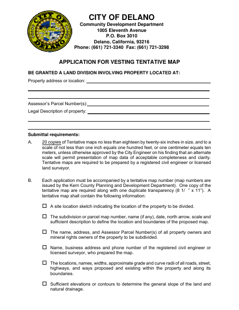 First page of the Application for Vesting Tentative Map