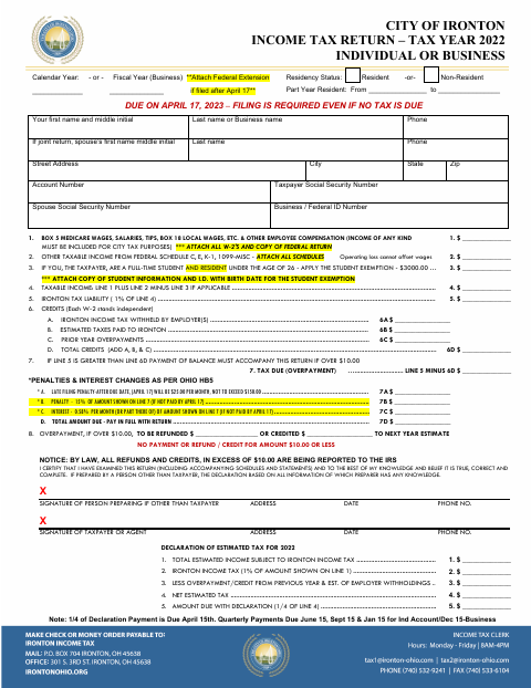 First page of the Income Tax Return – Tax Year 2022 Individual or Business