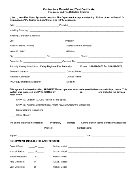 First page of the Contractors Material and Test Certificate