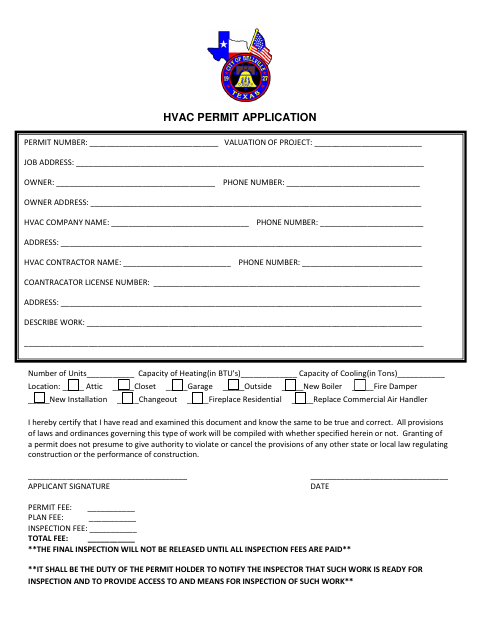 First page of the HVAC Permit Application