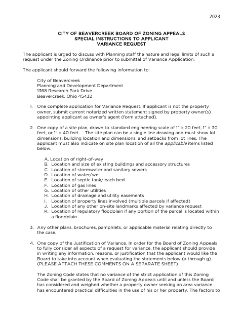 First page of the Board of Zoning Appeals Variance Application