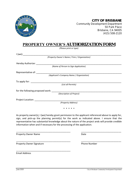 First page of the Property Owner's Authorization Form