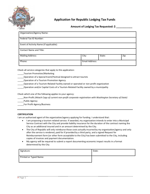 First page of the Application for Lodging Tax Funds