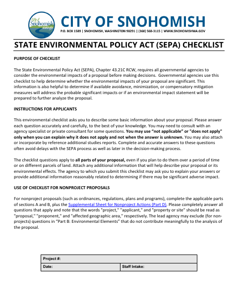 First page of the State Environmental Policy Act (SEPA) Checklist