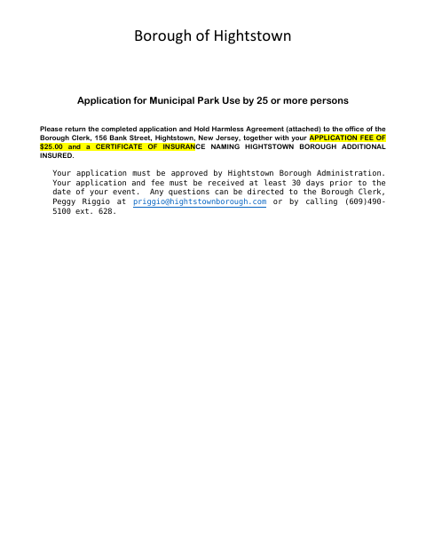First page of the Application for Municipal Park Use by 25 or More Persons