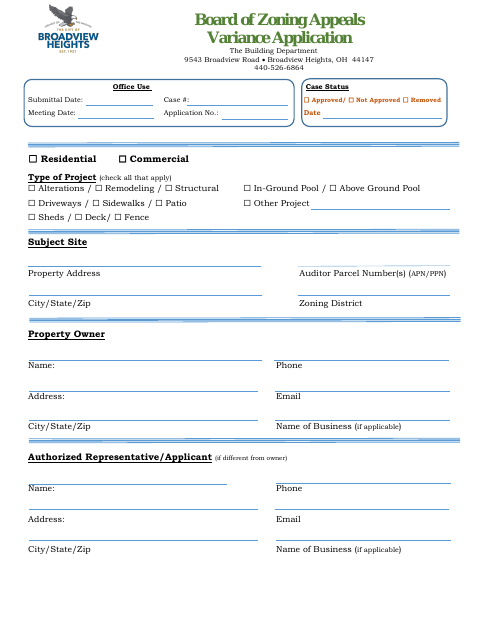 First page of the Board of Zoning Appeals Variance Application