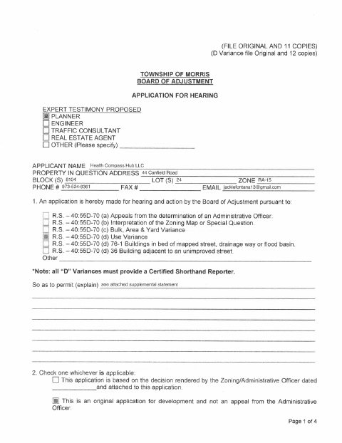 First page of the Board of Adjustment Application and Statement of Principal Points