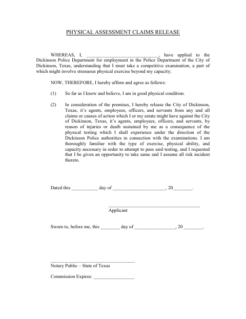 First page of the Physical Assessment Claims Release