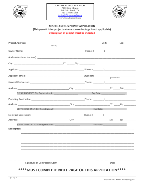 First page of the Miscellaneous Permit Application