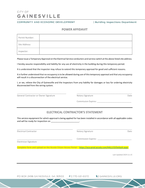 First page of the Power (Electrical Service Connection) Affidavit