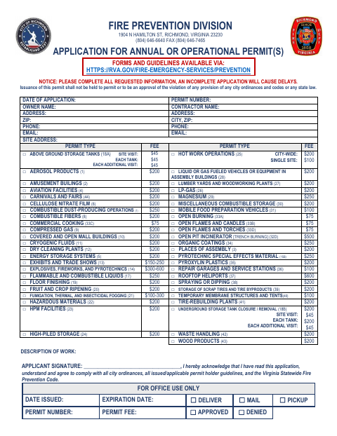 First page of the Application for Annual or Operational Permits