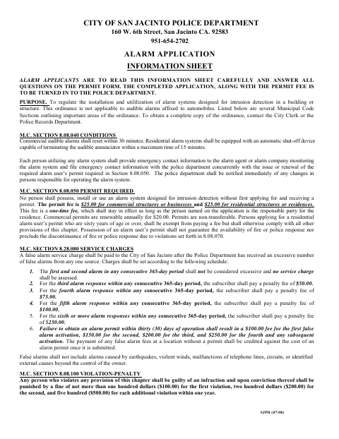 First page of the Alarm Permit Application