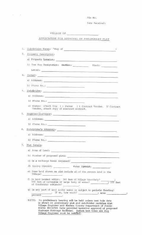 First page of the Application for Approval of Preliminary Plat