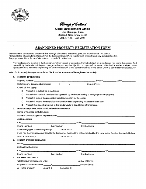 First page of the Vacant-Abandoned Property Registration Application