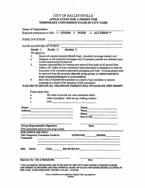 First page of the Application for a Permit for Temporary Concession Stand in City Park