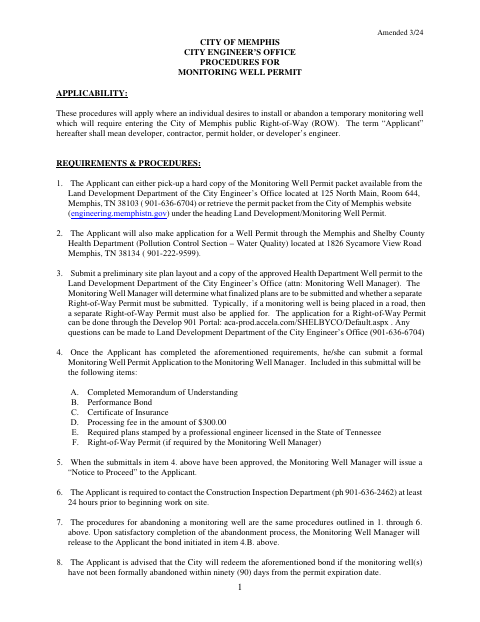 First page of the Monitoring Well Permit