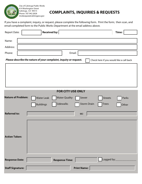First page of the Complaints, Inquiries & Requests