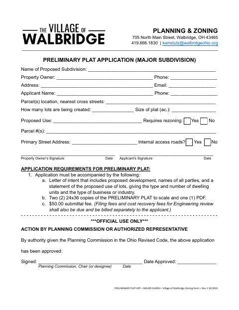 First page of the Preliminary Plat Application (Major Subdivision)