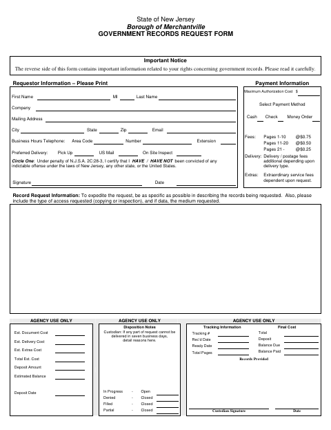 First page of the Government Records Request Form