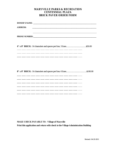 First page of the Centennial Plaza Brick Paver Order Form