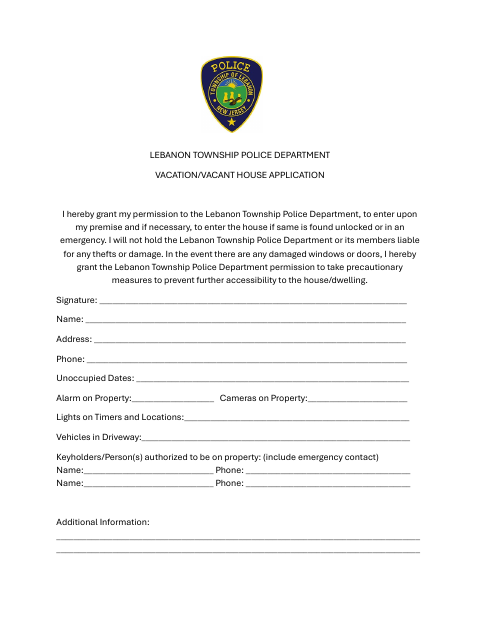 First page of the Vacation/Vacant House Application