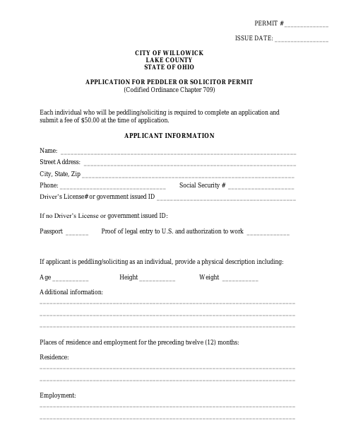 First page of the Application for Peddler or Solicitor Permit