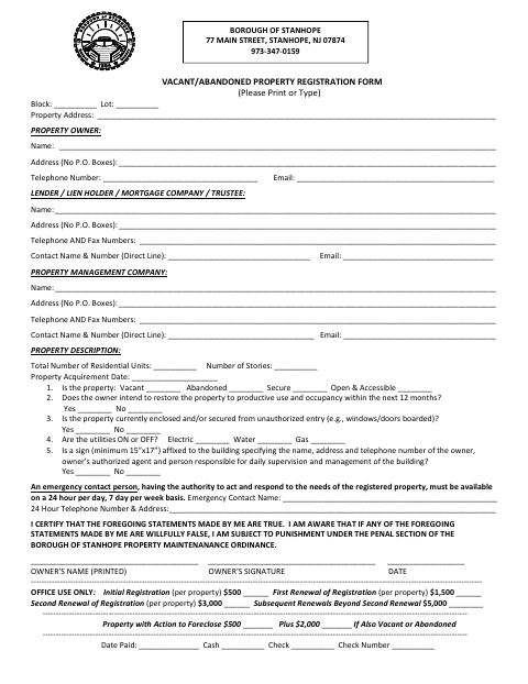 First page of the Vacant/Abandoned Property Registration Form