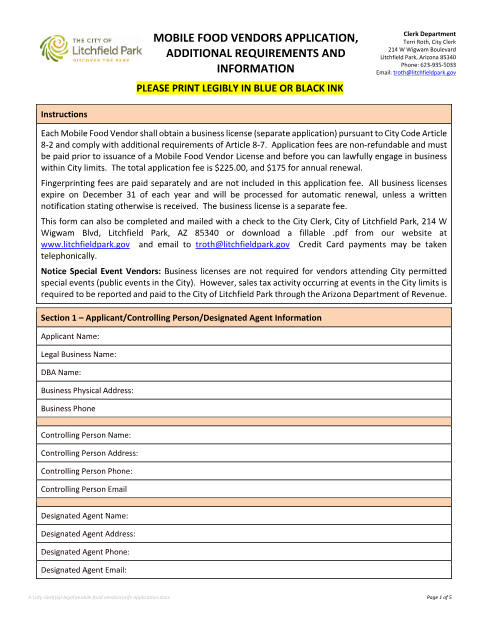 First page of the Mobile Food Vendors Application