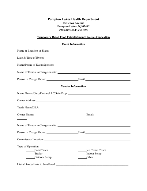 First page of the Temporary Retail Food Establishment License Application