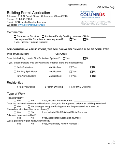First page of the Building Permit Application