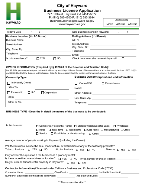 First page of the Business License Application
