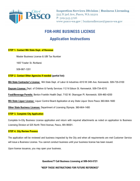 First page of the For-Hire Business License Application