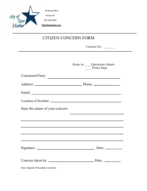 First page of the Citizen Concern Form