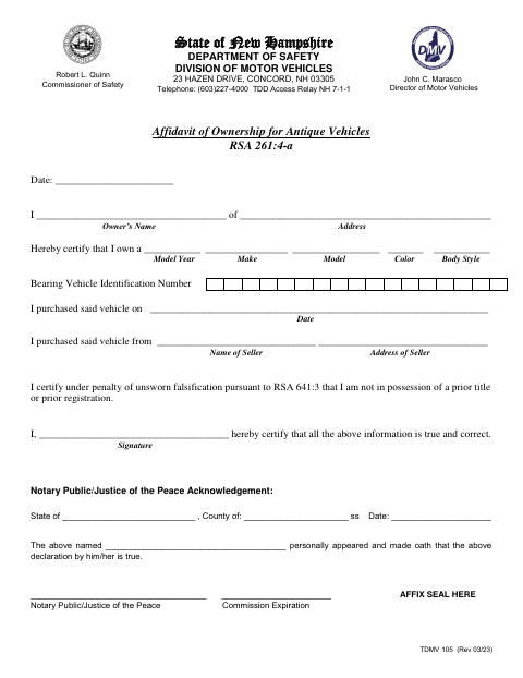 First page of the Affidavit of Ownership for Antique Vehicles