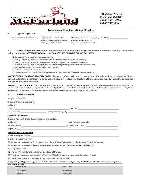 First page of the Temporary Use Permit Application