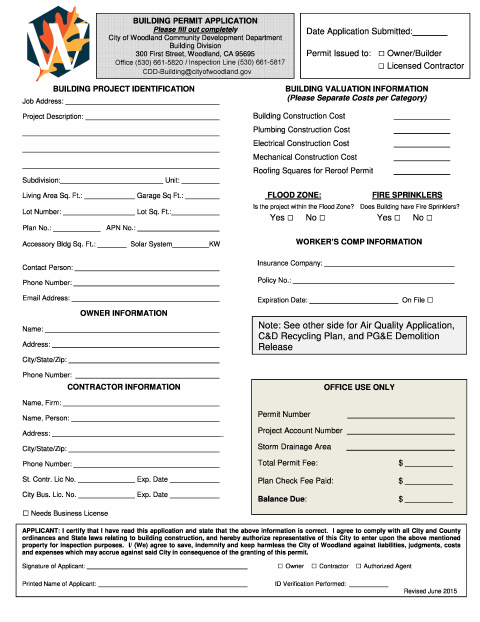First page of the Building Permit Application – Contractor