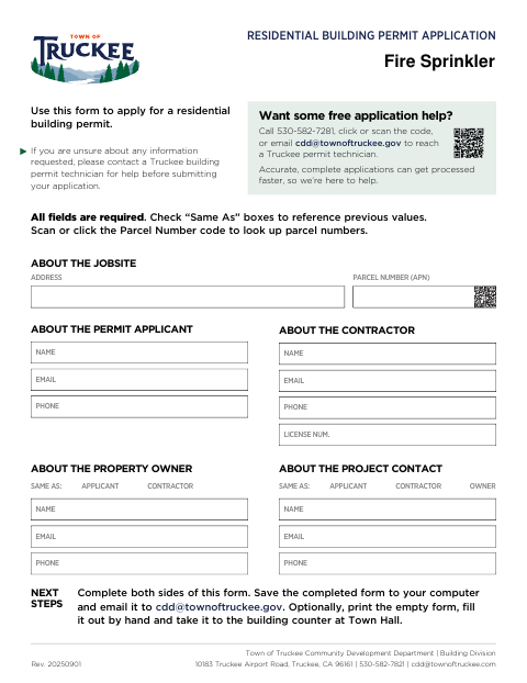 First page of the Fire Sprinkler Building Permit Application