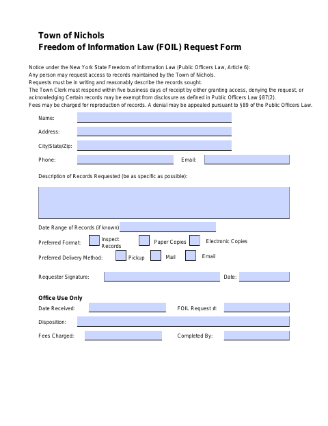 First page of the Freedom of Information Law (FOIL) Request Form