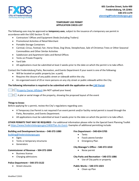 First page of the Temporary Use Permit Application Checklist