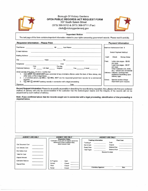 First page of the Open Public Records Act Request Form