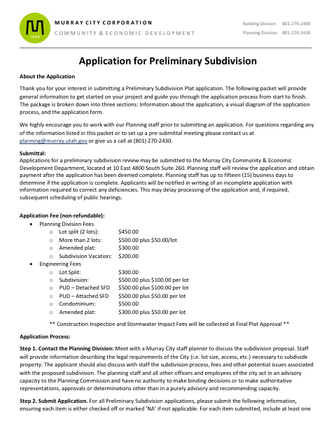 First page of the Preliminary Subdivision Application