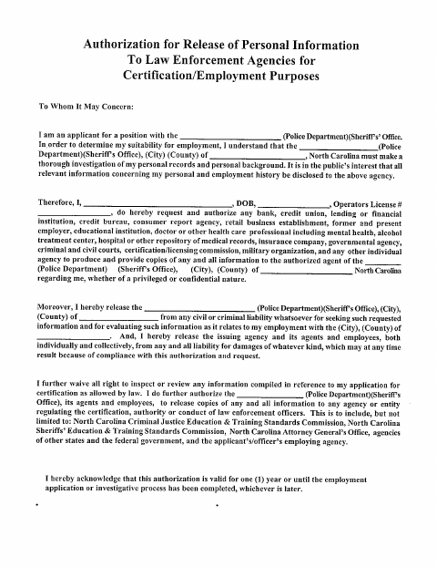 First page of the Authorization for Release of Personal Information to Law Enforcement Agencies