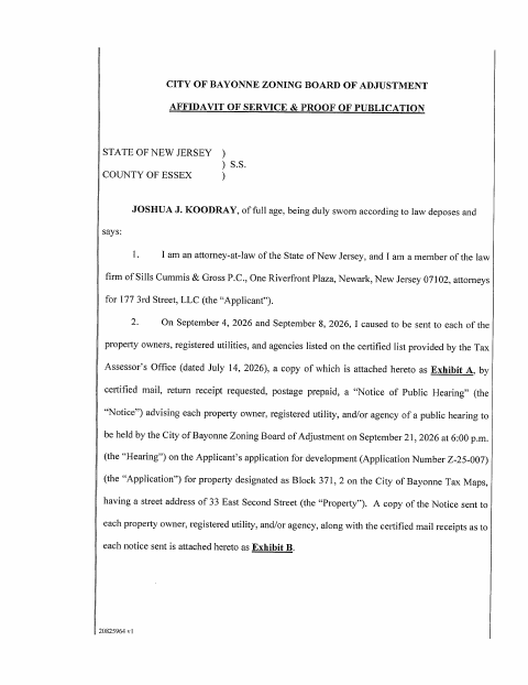 First page of the Zoning Board Affidavit of Service and Proof of Publication