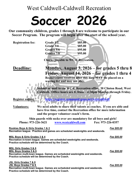 First page of the Soccer Program Registration