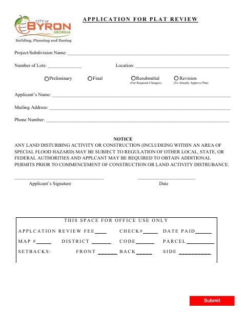 First page of the Application for Plat Review
