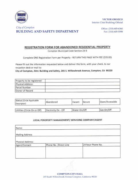 First page of the Registration Form for Abandoned Residential Property